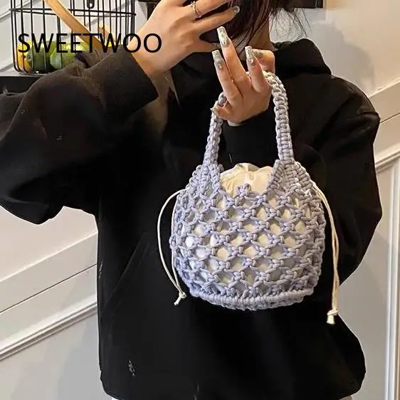 2026 French Style Hollow Mesh Woven Handbag Macaron Color Small Tote with Drawstring Inner Pouch