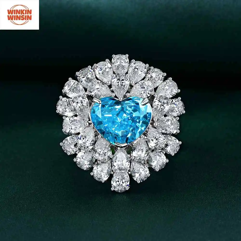 

Winkin Winsin Luxury 925 Sterling Silver Sea Blue Heart Shape Lab Grown Gemstones High Carbon Diamond 10ct Ring Jewelry