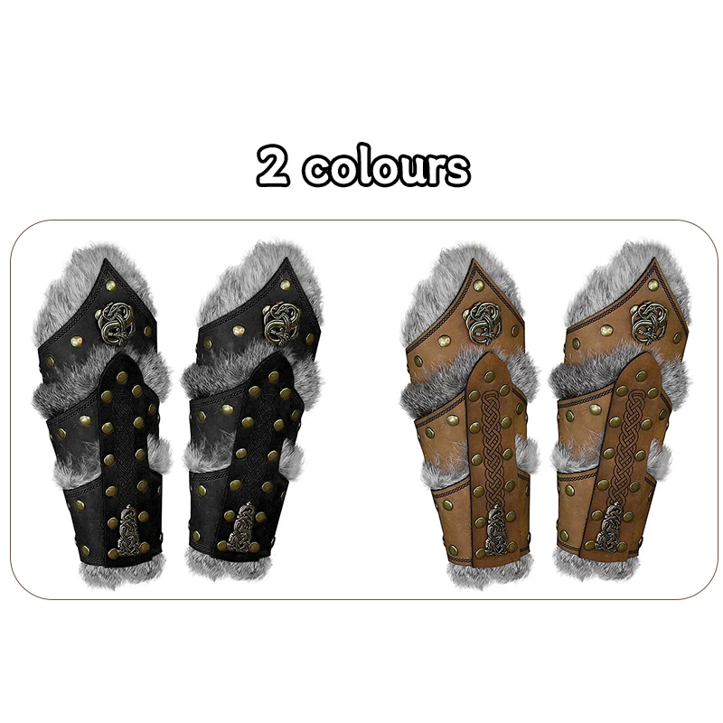 2 Pcs Medieval Viking Knight  Armor Arm Warmers PU Leather Gauntlet Velvet furry Fur Trim Bracer Wristband Larp Cosplay Props
