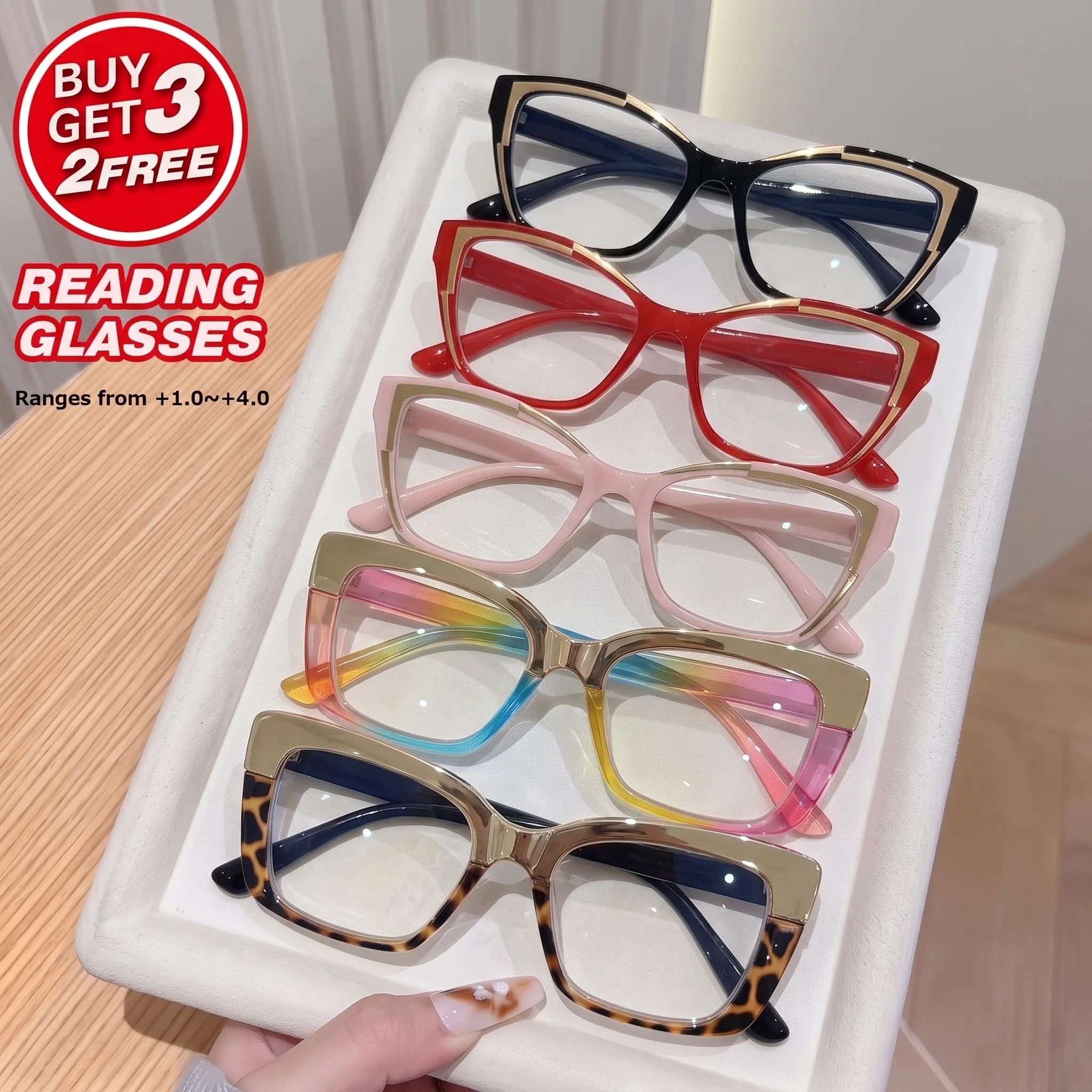 5-Pack of Stylish Classic Square High-End Spring Hinge Small Frame Trendy Cat-Eye Glasses for Enhancing Appearance and Reducing Age Appearance, High-Definition Reading Glasses, Lightweight and Portable, Suitable for Daily Use at Home, Office, or When Going Out, Available in Prescriptions from +1.0 to +4.0
