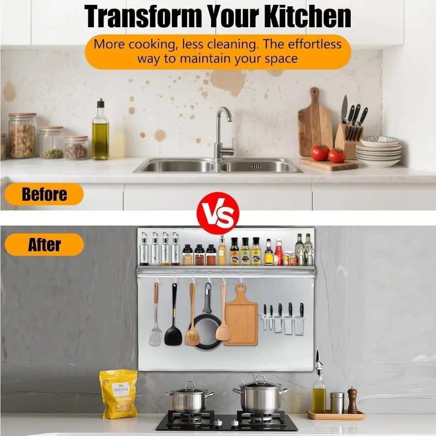 Panel ochronny ze stali nierdzewnej 30x30,7 cm z wbudowaną półką i uchwytem na noże do montażu na ścianie nad okapem kuchennym, montowany na ścianie K