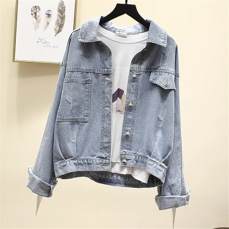 Nice Autumn Women Denim Jacket Harajuku Printed Frayed Beading Denim Coat Tassel Loose Casual Jeans Jacket Outwear Female Jacket