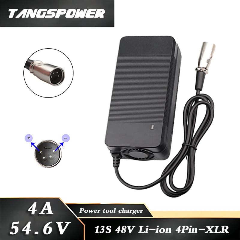 

54.6V 4A Lithium Battery Charger For 48V 13Series Li-ion Battery Pack Fast Charging 4Pin-XLR Connector With Cooling Fan