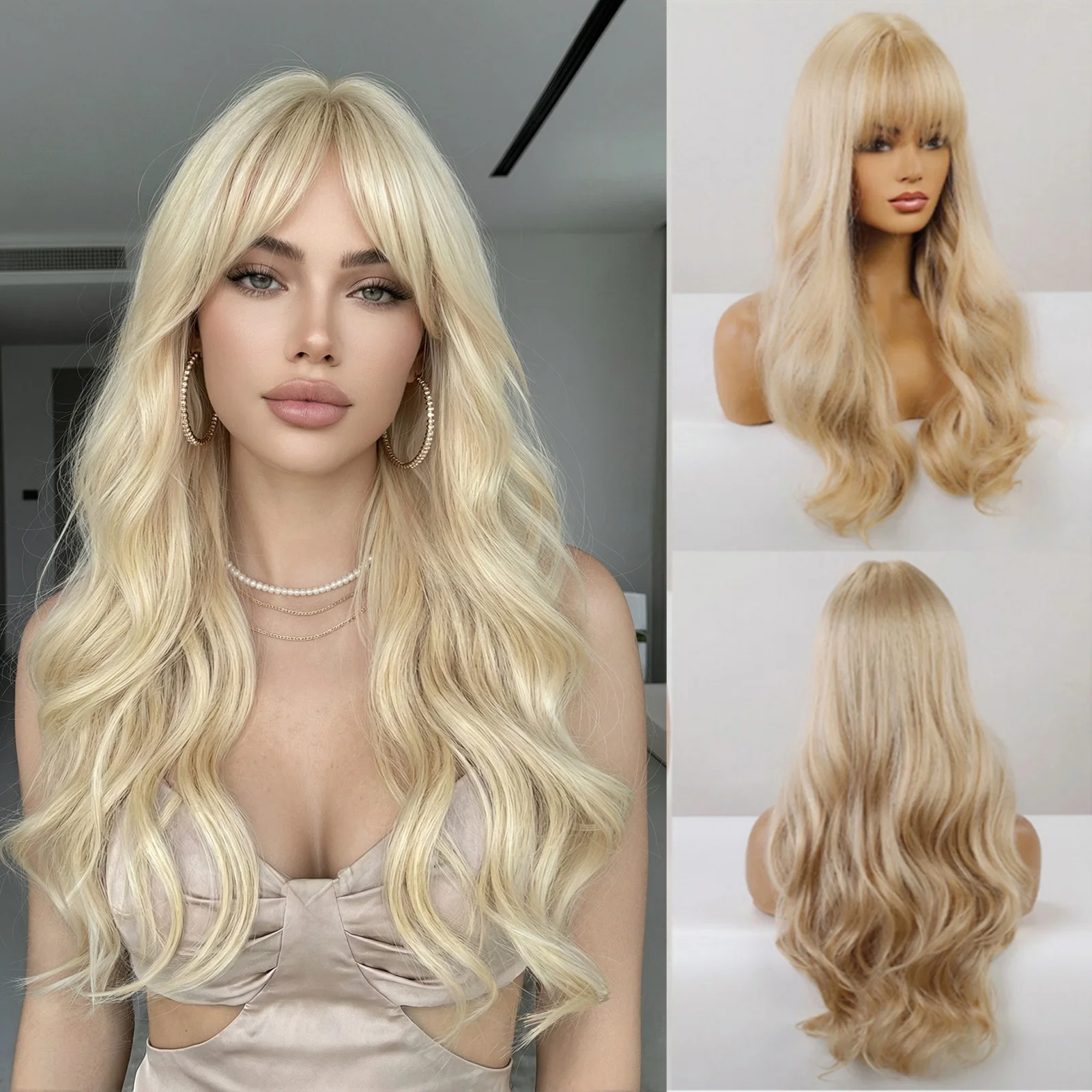 Long Wavy Ombre Blonde Wig Without Bangs