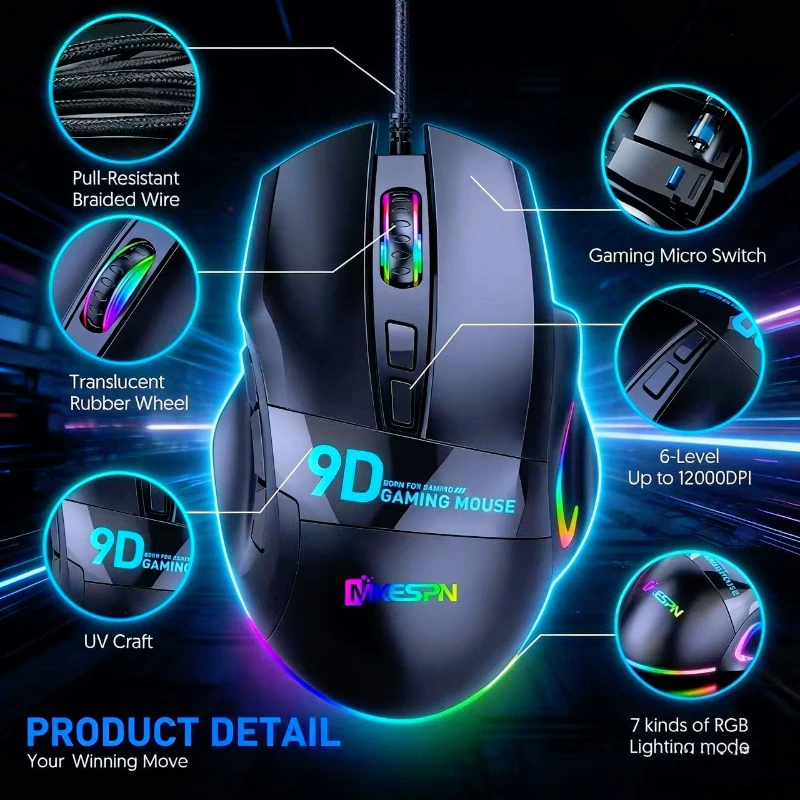 

Игровая мышь с 9 программируемыми кнопками, RGB-подсветкой, 12000 DPI, макросами и RGB-подсветкой для ПК, Mac, PUBG, ноутбуков