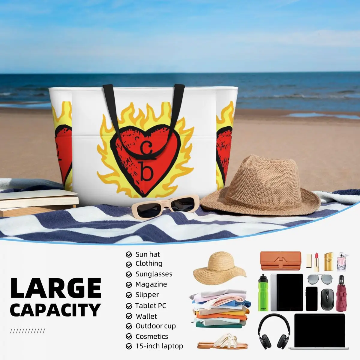 กระเป๋าโท้ทลายโลโก้ Heart ของ Clothes Over Bros กระเป๋าใส่ของไปทะเล กระเป๋ากีฬา กระเป๋าโยคะ กระเป๋าเดินทางขนาดใหญ่สำหรับผู้หญิง กระเป๋าฟิตเนส