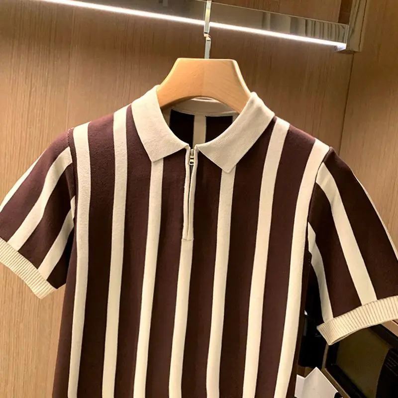 

Luxury Brand Men Striped Shirt Golf Shirts Polo Neck Zipper Sexy Slim Tops Breathable Spring Summer T-shirt Vintage Thin Tees