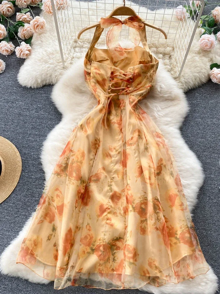 French Retro Dress Women Summer Sexy Halter Neck Long Chiffon Dresses Korean Elegant A Line Floral Printed Long Dress