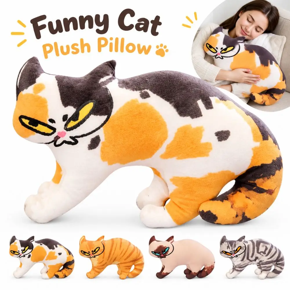 Creative Plush Cat Plush Pillow Soft Animal Shape Simulation Cat Cushion Abstract Cat Stuffed Animal Home Decoration