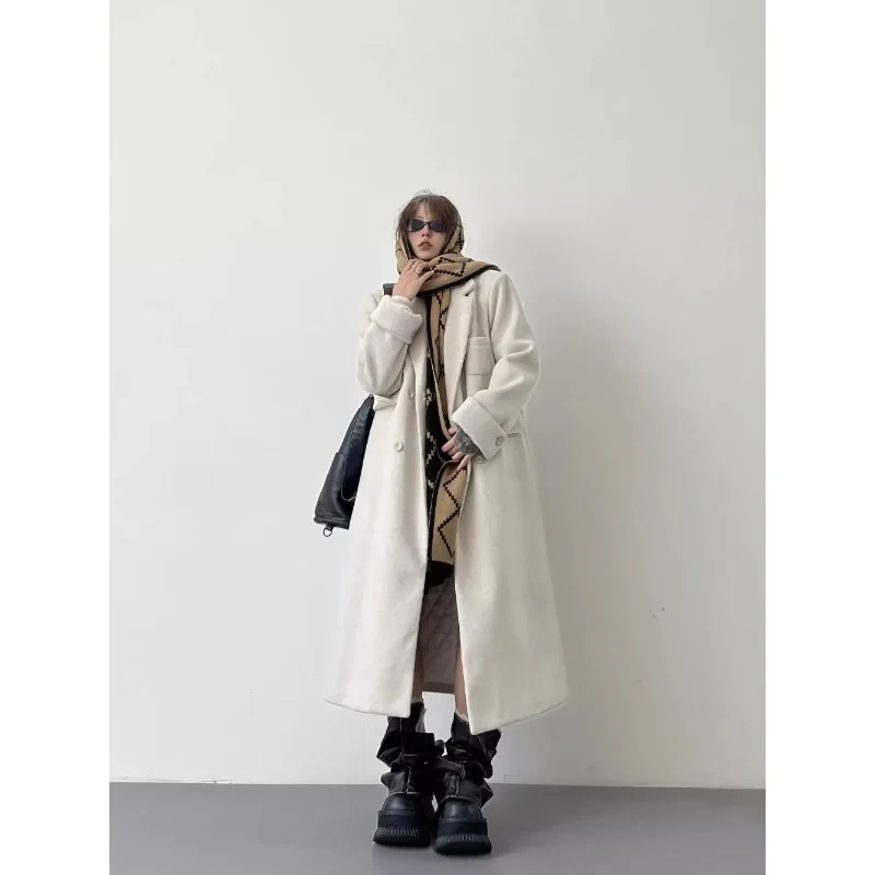 SuperAen Winter New Korean Style Simple Long Double-breasted Thin Woolen Coat Woman Thick Solid Color Casual Coats