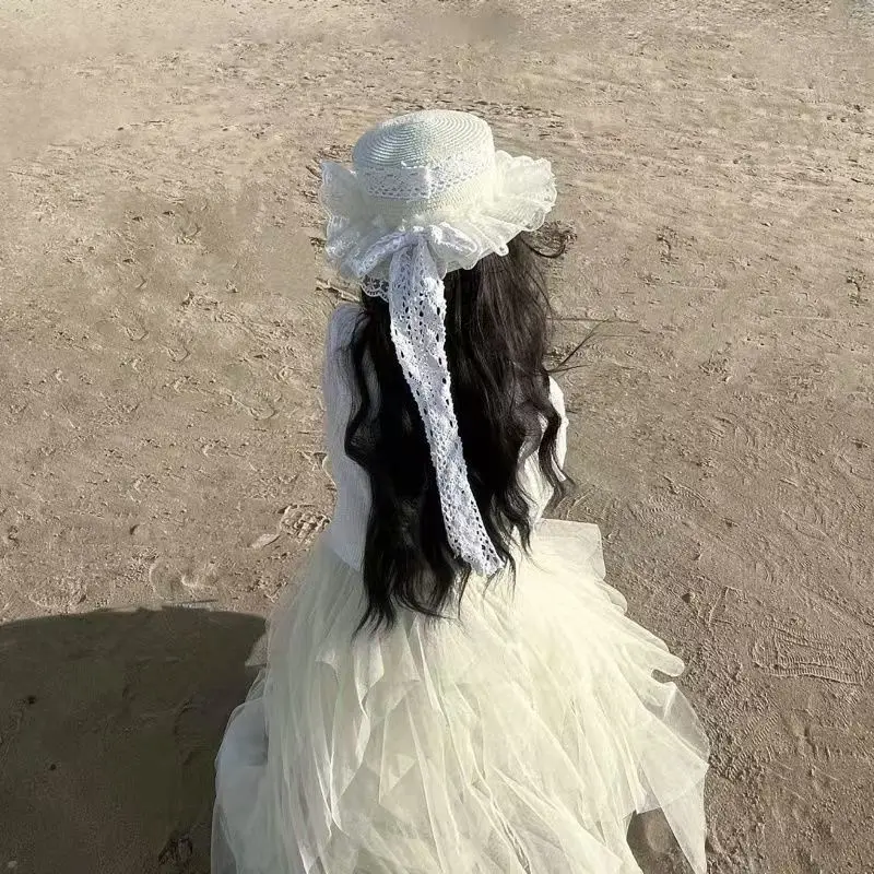 Lolita chapéu com gravata borboleta renda doce jk palha sol headdress para mulheres vintage verão boho photoshoot acessórios praia festa à beira-mar