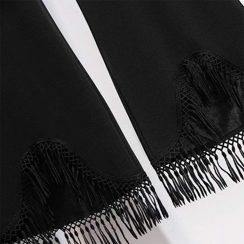 Women Spring Summer New Black All-match Elastic Mid Waist Trousers Casual Pockets Patchwork Tassels Embroidery Slim Flare Pants