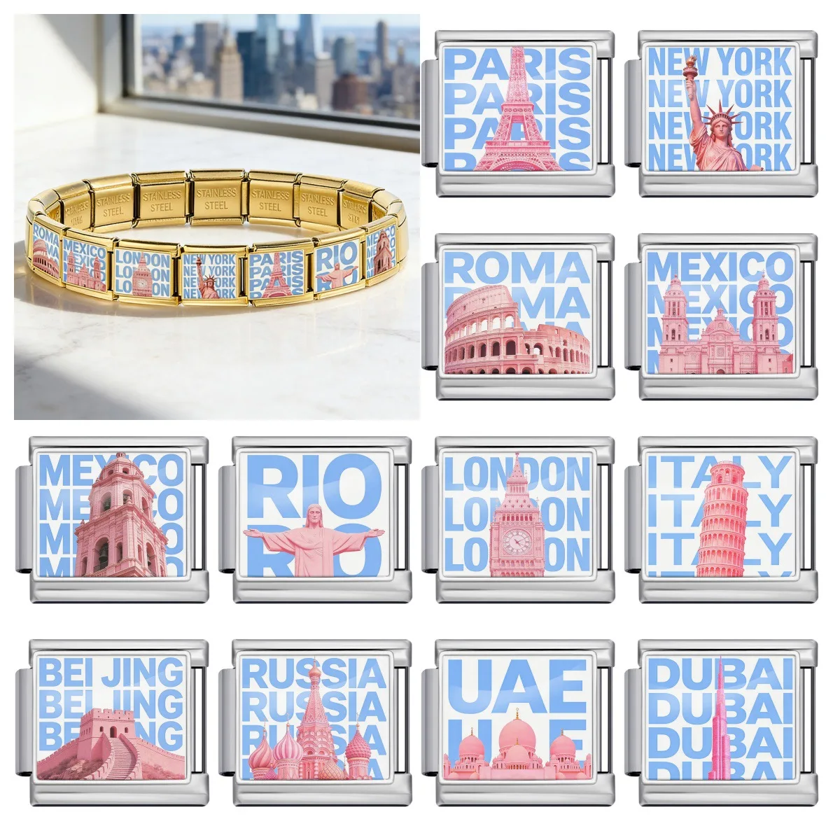 Hapilife Charm Jewelry Holiday Gift Italian Link Fit 9Mm Stainless Steel Design Buildings Castles Churches DIY Making Bracelet