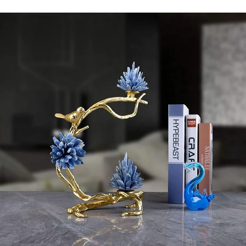 Natural Kyanite Flower Sculpture Gold-plated Branches Crafts Ornaments Living Room Desk Decoration Bird and Tree Furnishings