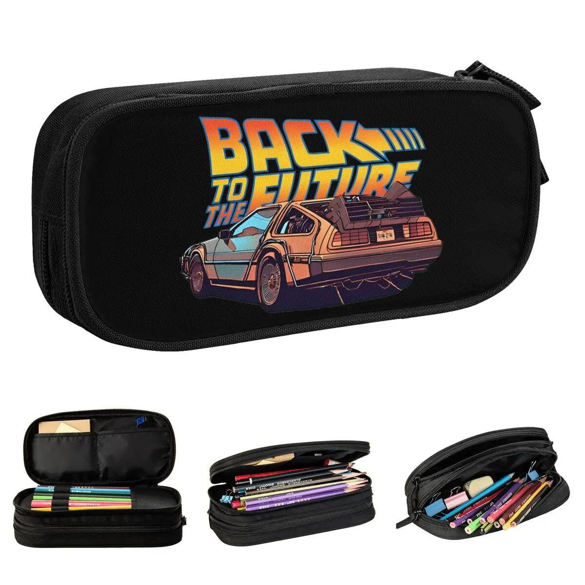 delorean back to the future car lapis cases pen box para estudantes grandes bolsas de armazenamento zipper papelaria 01