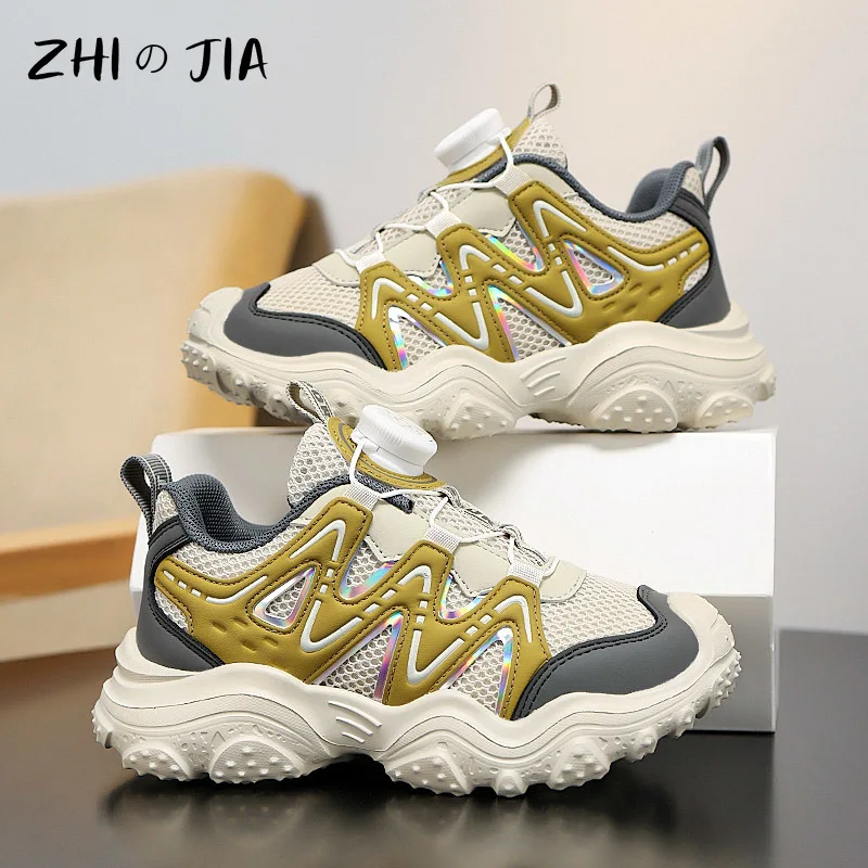 

Детская спортивная обувь с вращающейся пряжкой, весенне-осенняя дышащая легкая обувь с сеткой, модные кроссовки для мальчиков и девочек