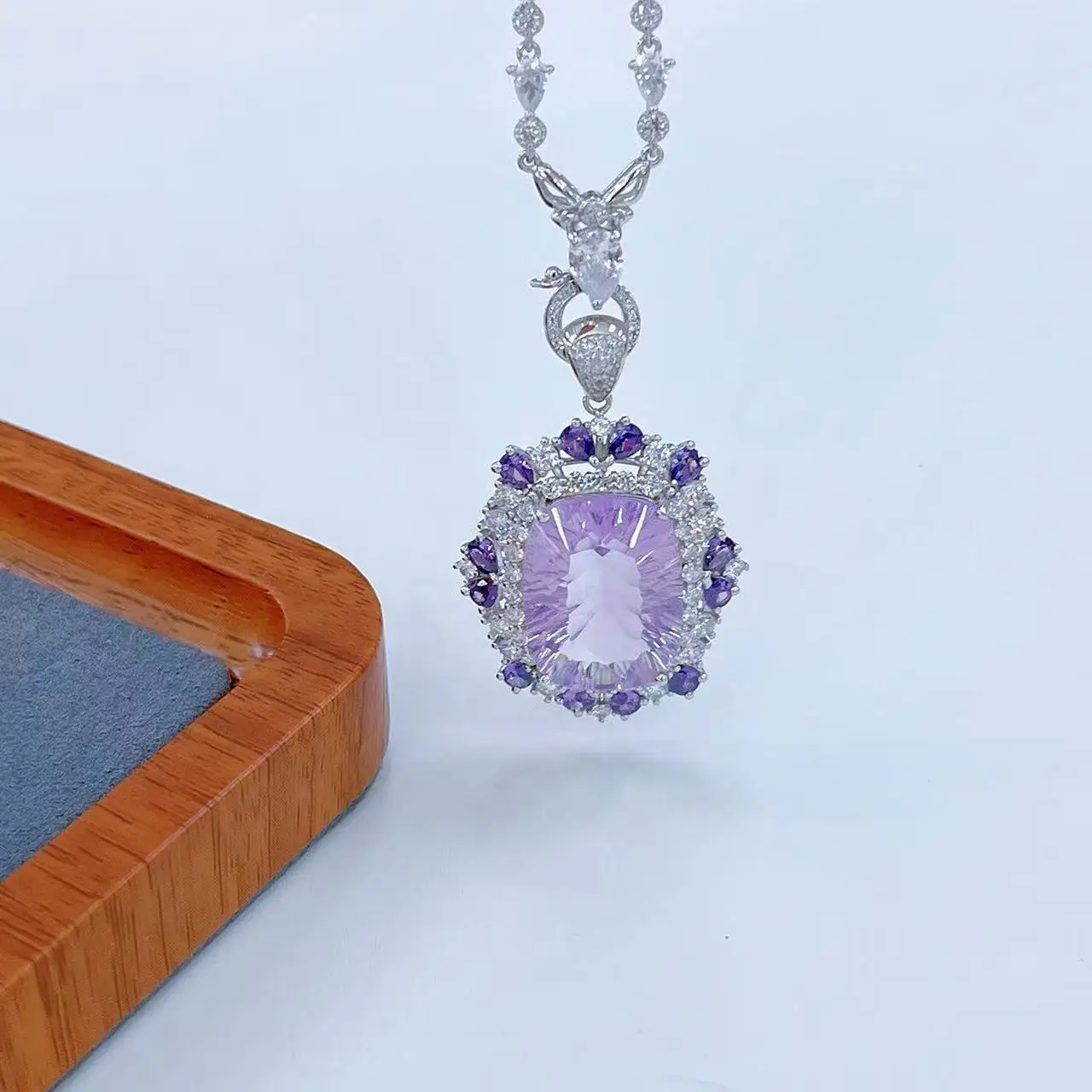 Lavender Quartz Pendant 15x20mm, S925 Silver White Gold Plated No Chain Included