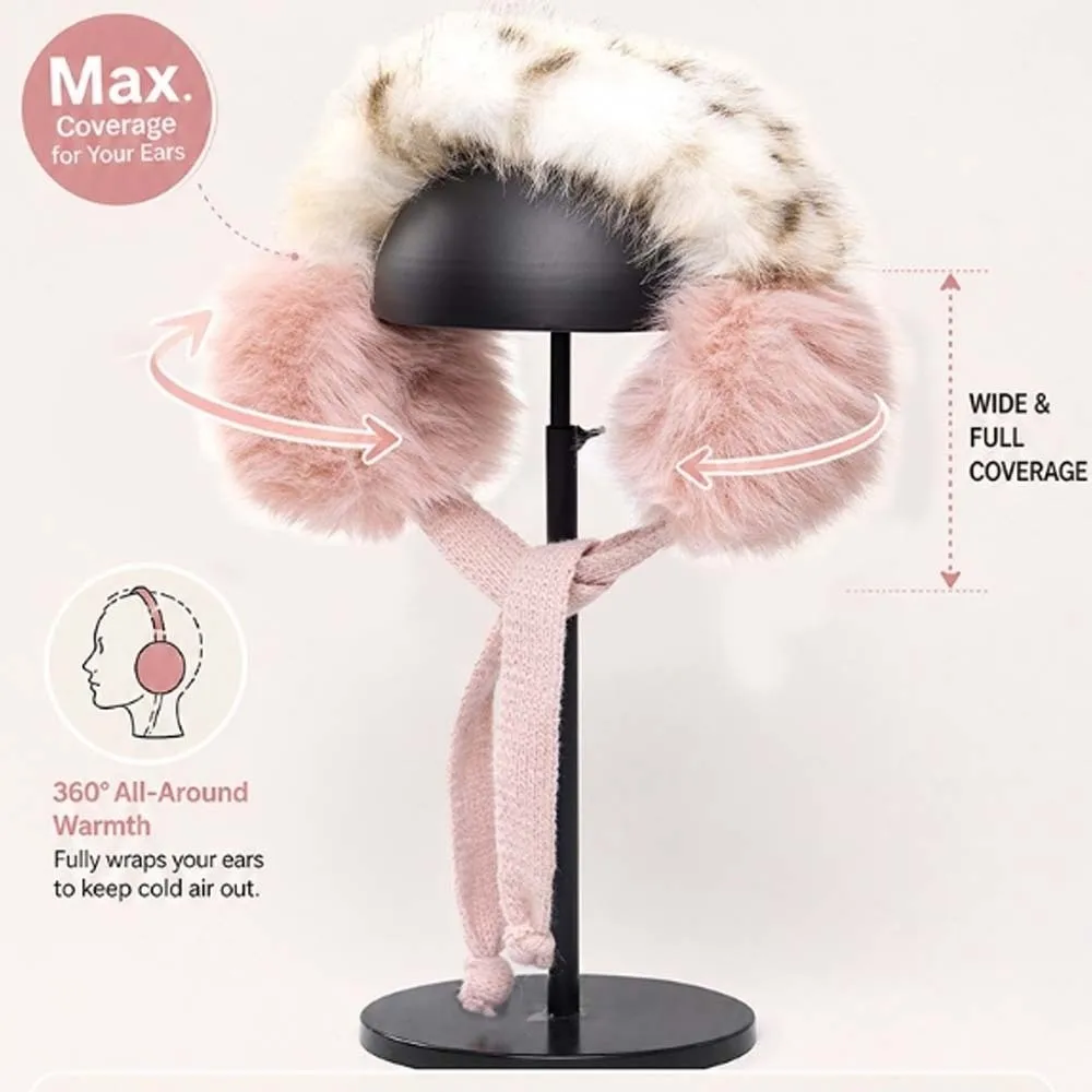 Foldable Design Leopard Earmuffs Lining Windproof Protection Ear Muffs Faux Rabbit Fur Adjustable Straps Tie On Ear Cover