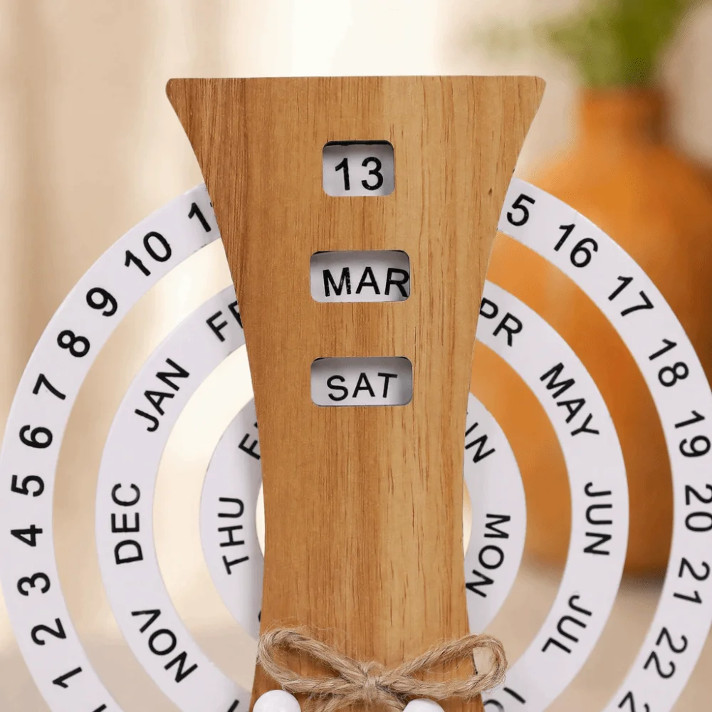 Wooden Rotatable Wooden Perpetual Desk Calendar Manual Twist Date Month Weekday Table Ornament view 3