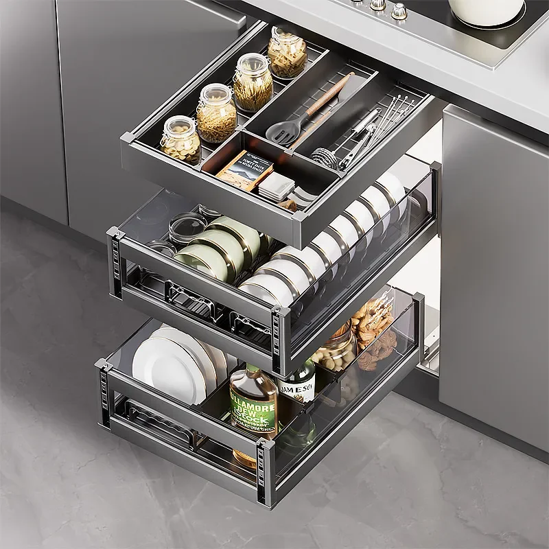 3 Tier Aluminum Alloy Kitchen Seasoning Rack Large Capacity Storage Basket Push Pull Drawer Organizer for Dish Cupboard
