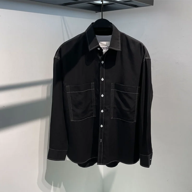 

Мужская шелковая рубашка свободного кроя с длинным рукавом, летняя модная молодежная трендовая брендовая свободная драпированная рубашка-накидка для молодых мужчин