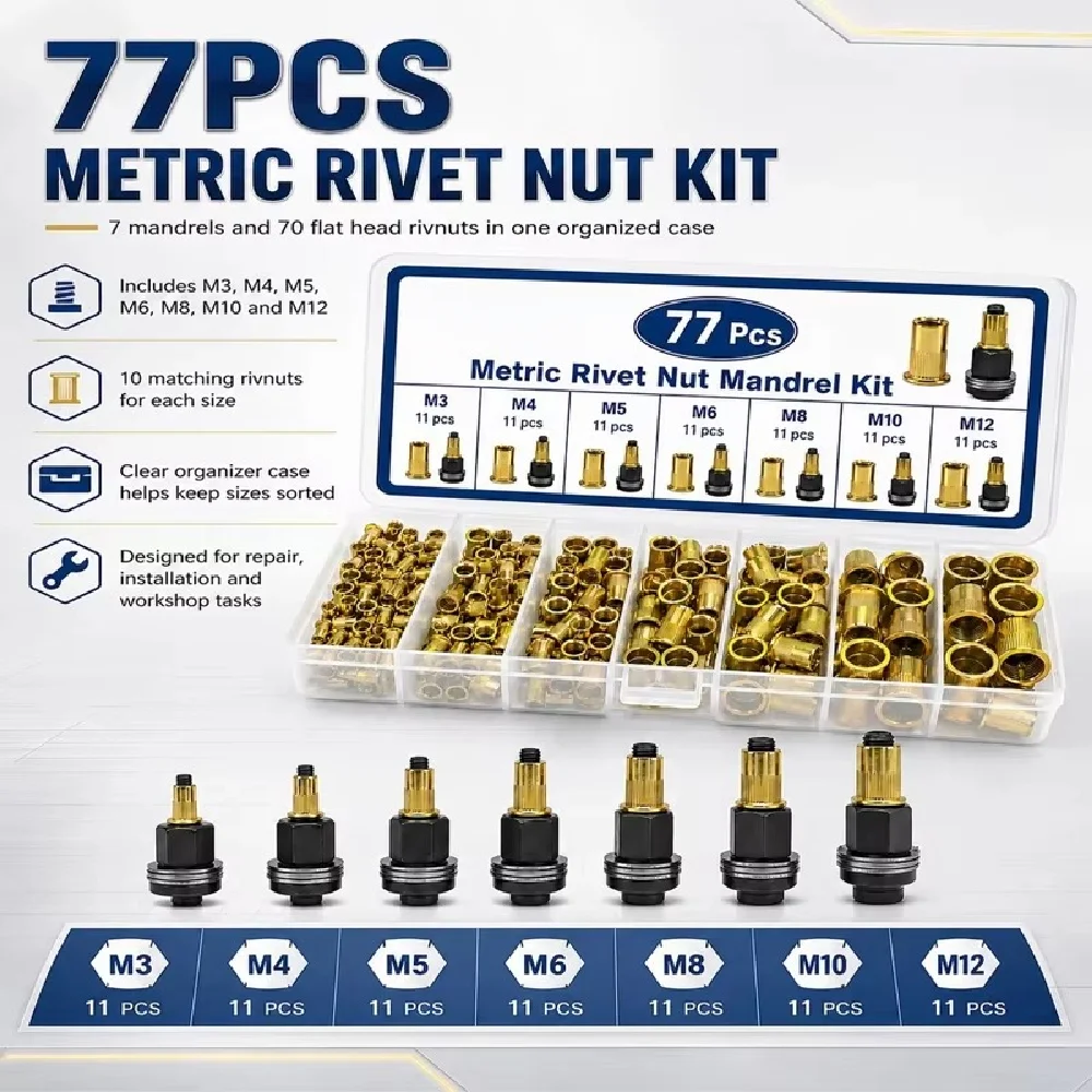 XLGYLPRO 55/66/77pcs Carbon Steel Rivet Nut Tool Set M3-M12/M3-M10/M4-M10 Flat Head Rivet Nuts, Manual Riveting Tool Set