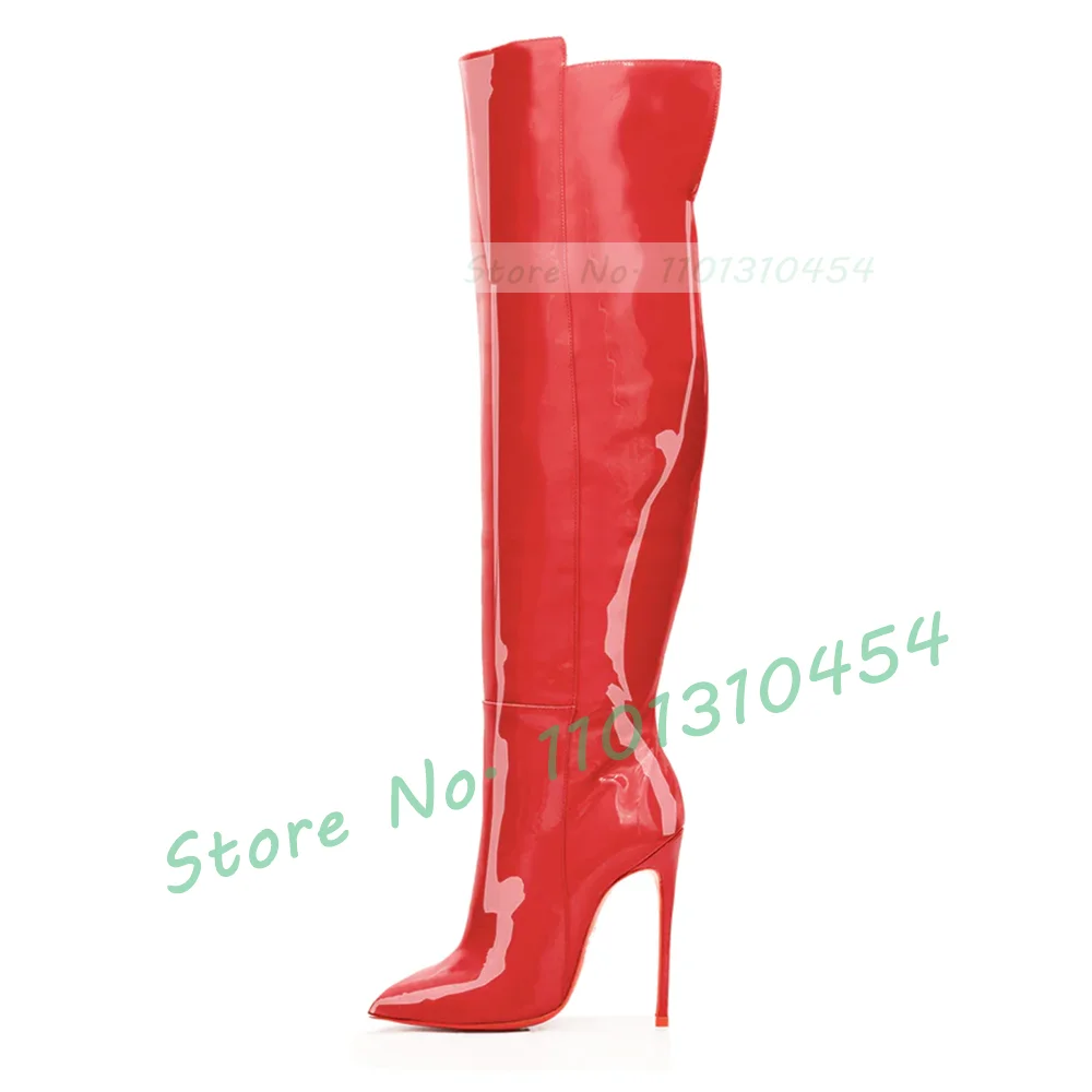 Pointy Cutout Pink Sole Long Boots Women Fashion Winter Patent Leather Leggy High Heels Boots Ladies Casual Sexy Chic Shoes