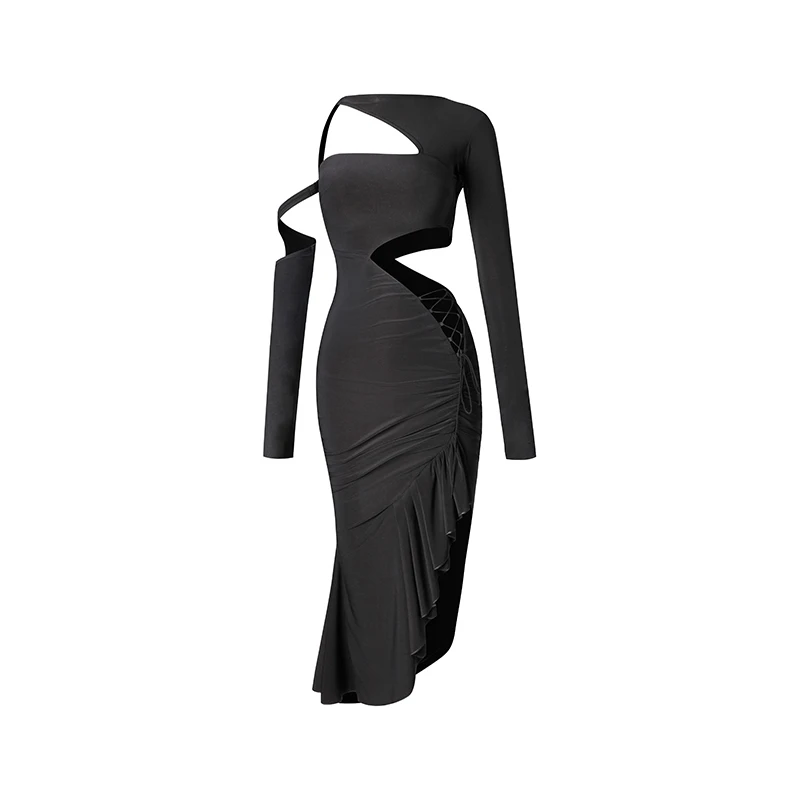 Zym sexy großes Neck holder Cross-Tie Latin Tanz kleid für Frauen Langarm Schlitz Latin Kleider Rock Ballsaal Performance Wear