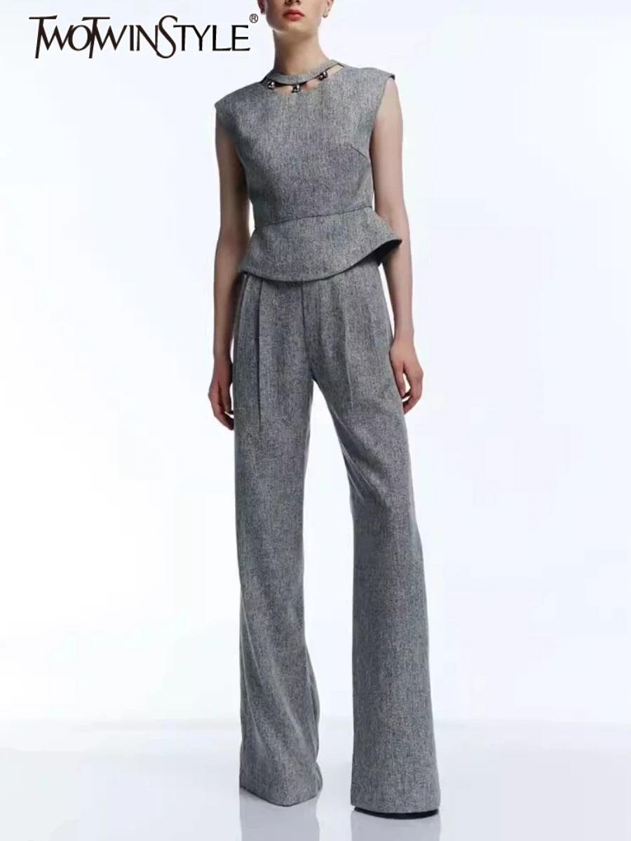 

TWOTWINSTYLE Solid Two Piece Sets for Women Round Neck Sleeveless Patchwork Hollow Out Top High Waist Pants Set Female Clothing