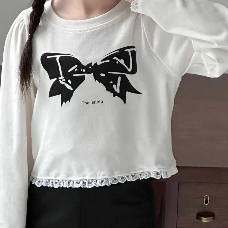 T-Shirt Girl  2024 Autumn New Korean Style Bow Print Short Lace Bottoming Trendy Versatile Cute