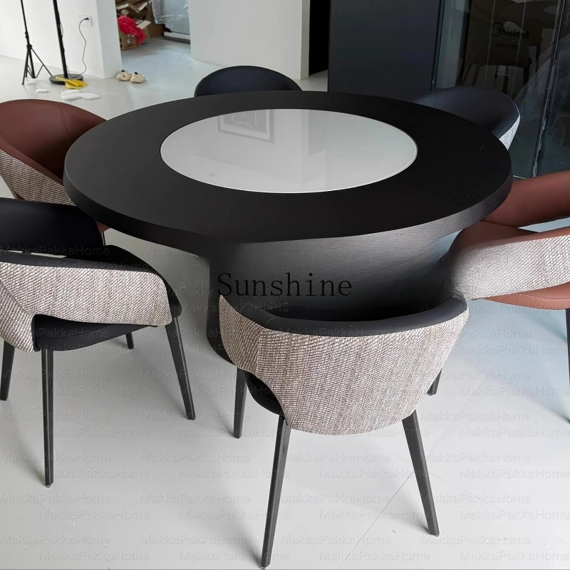 Italian minimalist solid wood dining table, simple small apartment with marble turntable round dining table