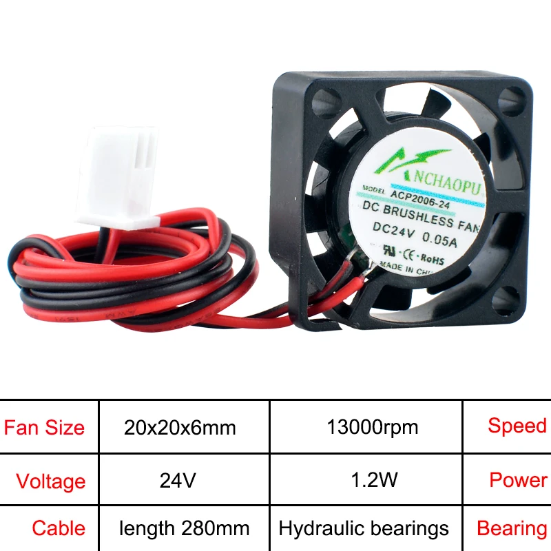 ACP2006 2cm 20mm Fan 20x20x6mm DC5V 12V 24V 0.10A 2pin Micro Ultra-thin Cooling Fan for Printer Power Supply Raspberry Pi image 6