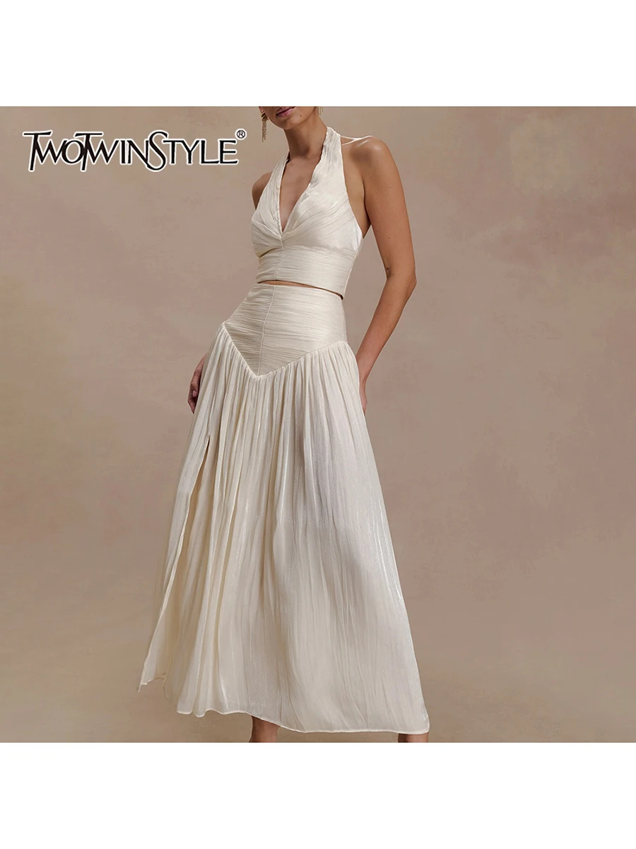 

TWOTWINSTYLE однотонные утягивающие комплекты из двух предметов для женщин, короткий топ без рукавов с лямкой на шее, юбка с высокой талией, женский комплект