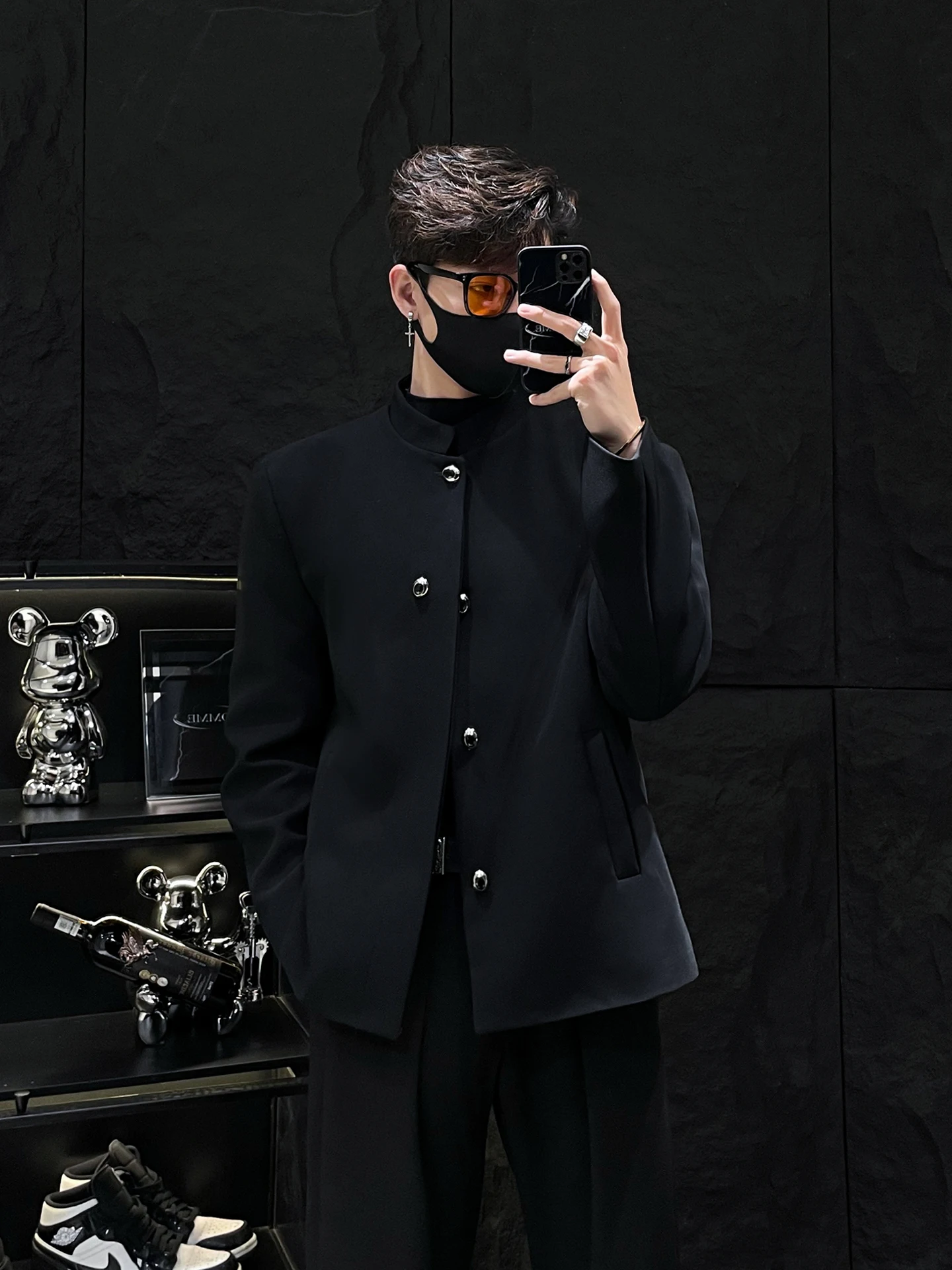 

Bla Stand Collar Padded oulder Men's Suit Jaet Youth Trendy Casual Long Sve Button Decorated Chinese Sle Coat