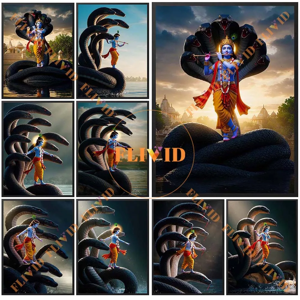 Incarnation of Vishnu, Krishna subdues the Snake King Calia Poster Wall Pictures For Church Wall Art Canvas Painting Unframed