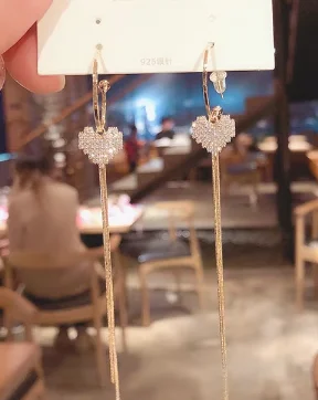 South Korea East Gate New Temperament Zircon Love Tassel Earrings Super Fairy Personality Simple Long Versatile Ear Nail Female