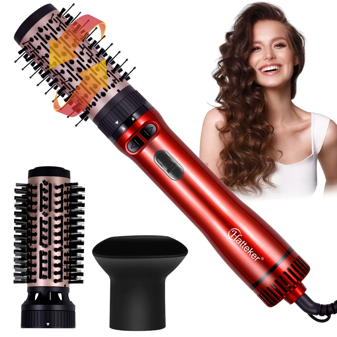 Hatteker EU 3-Kopf Heißluftbürste Haartrockner mit starkem Luftstrom, elektrischer Glätter, Lockenwickler, Roller, Kamm, Föhn, Styling-Tool für Frauen – Detail 1