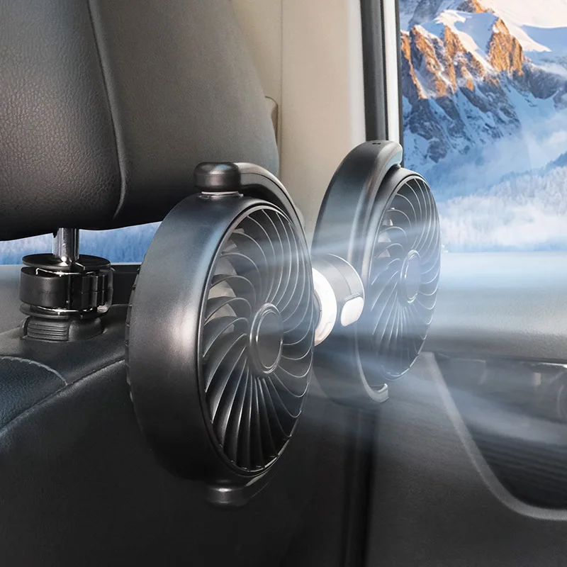 

Car USB Fan Dual Head Cooling Air Fan Independent Switch 3-Speed 360 Degree Adjustable Auto Headrest Fan for Rear Seat