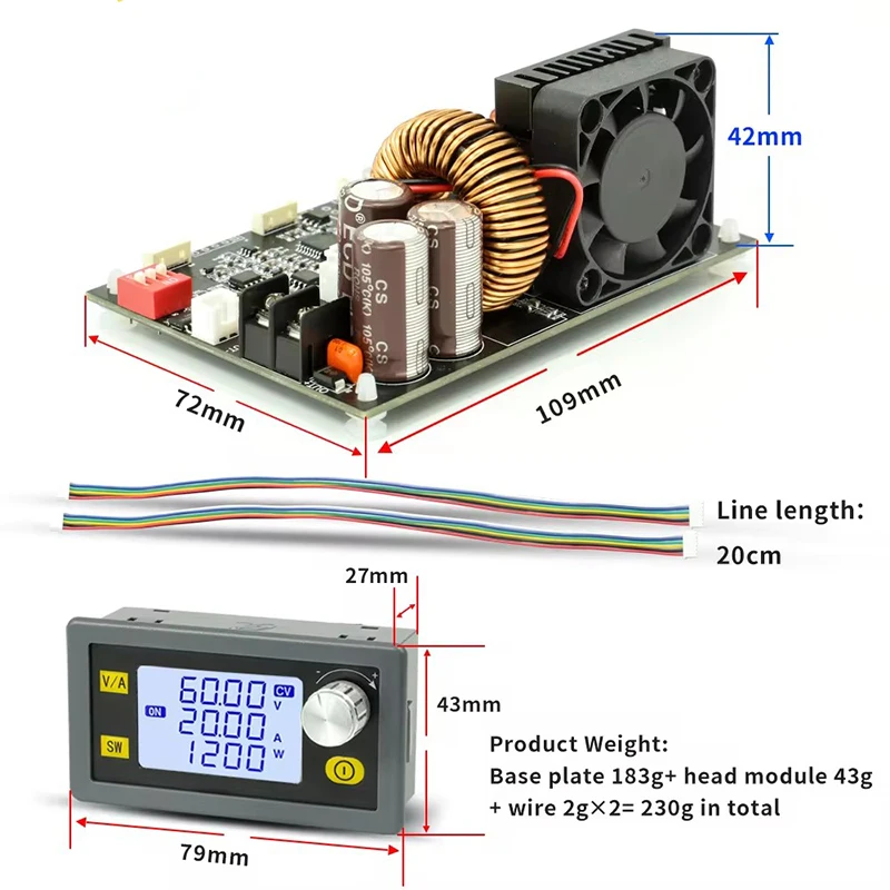 XY6020L-fuente de alimentación reguladora de voltaje CNC, 1200W, CC ajustable estabilizada, 20a, voltaje constante, módulo reductor de corriente