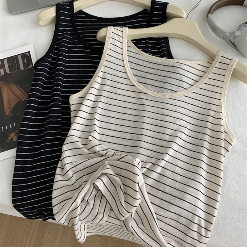 

Женский летний тонкий полосатый U-образный вырез с широким плечевым ремнем, крутой дышащий корейский новый универсальный контрастный утягивающий льняной топ на бретелях