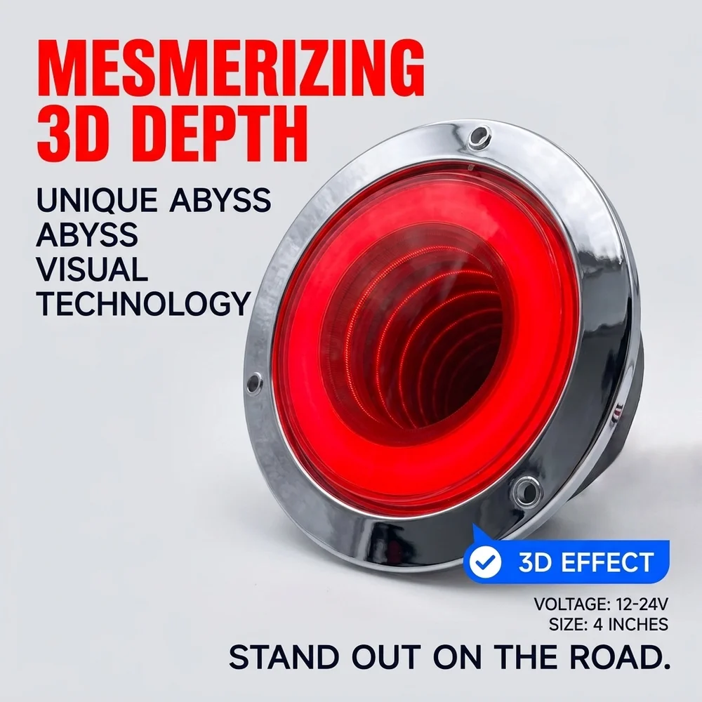 2 Stück 4 Zoll Runde LED-LKW-Rückleuchte mit 3D-Infinity-Tunnel-Effekt, 12-24V Brems-, Stopp-, Blink- und Stroboskoplampe, universell für Anhänger und LKW – Detail 3