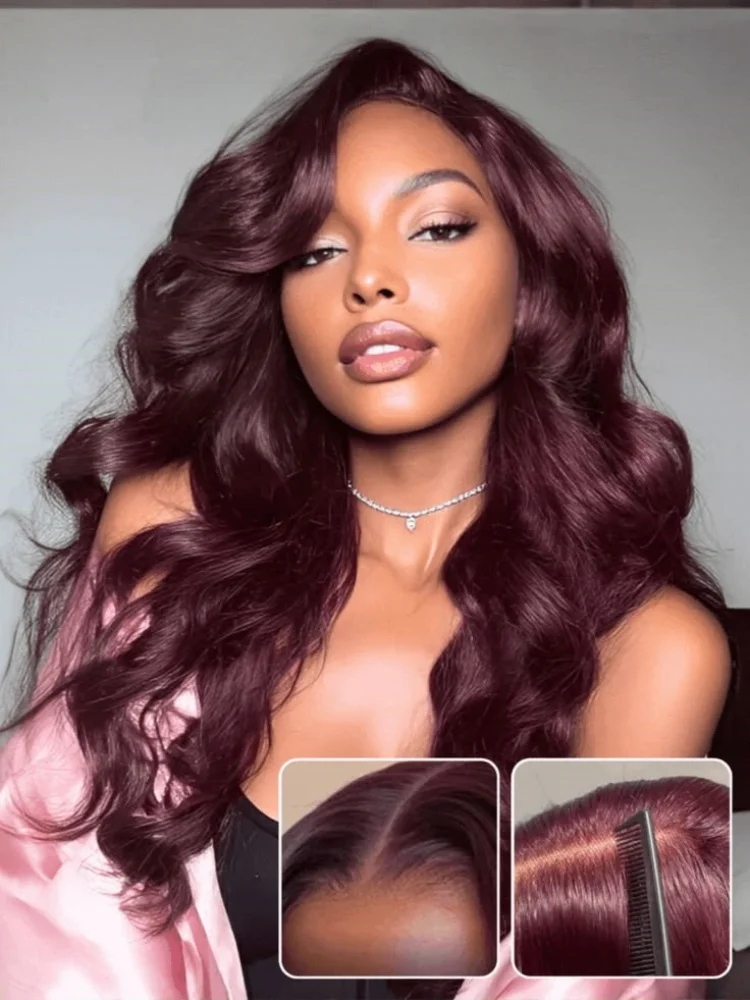 99J Burgundy Lace Front Wigs Human Hair 13x4 HD Transparent Body Wave Lace Front Wigs Straight Body Deep Wave Lace Front Wig Wine Red Human Hair Pre Plucked Dark Red Human Hair Lace Wig for Women