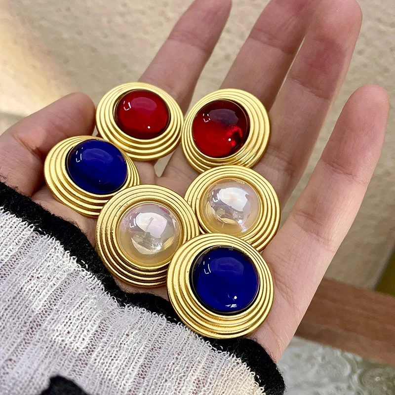 Colorful Pearl Red Blue Resin Bead Vintage Metal Circle Earrings for Women Girl Party Jewelry Gifts HUANZHI 2023 NEW  INS