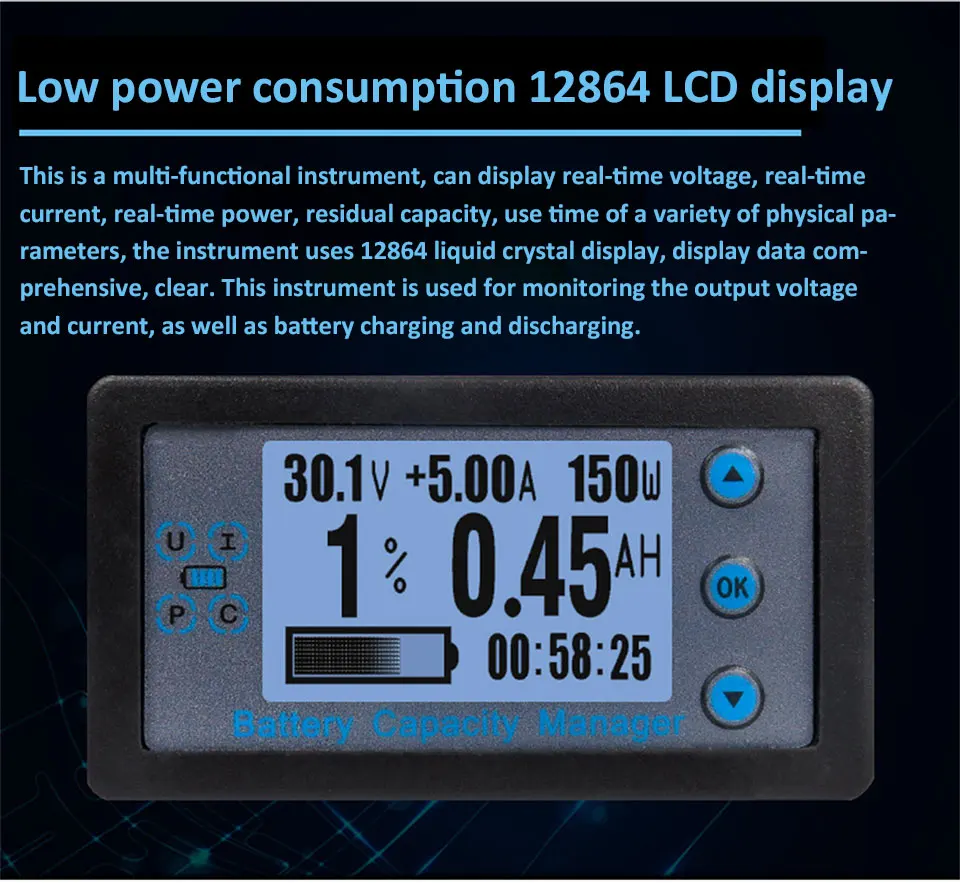 Kabelgebundener Shunt-Coulombmeter DC 8-120V 100/200/300/500A Energiemessgerät Batteriekapazitätstester Niederspannungsalarm LCD-Amperemeter Voltmeter – Detail 5