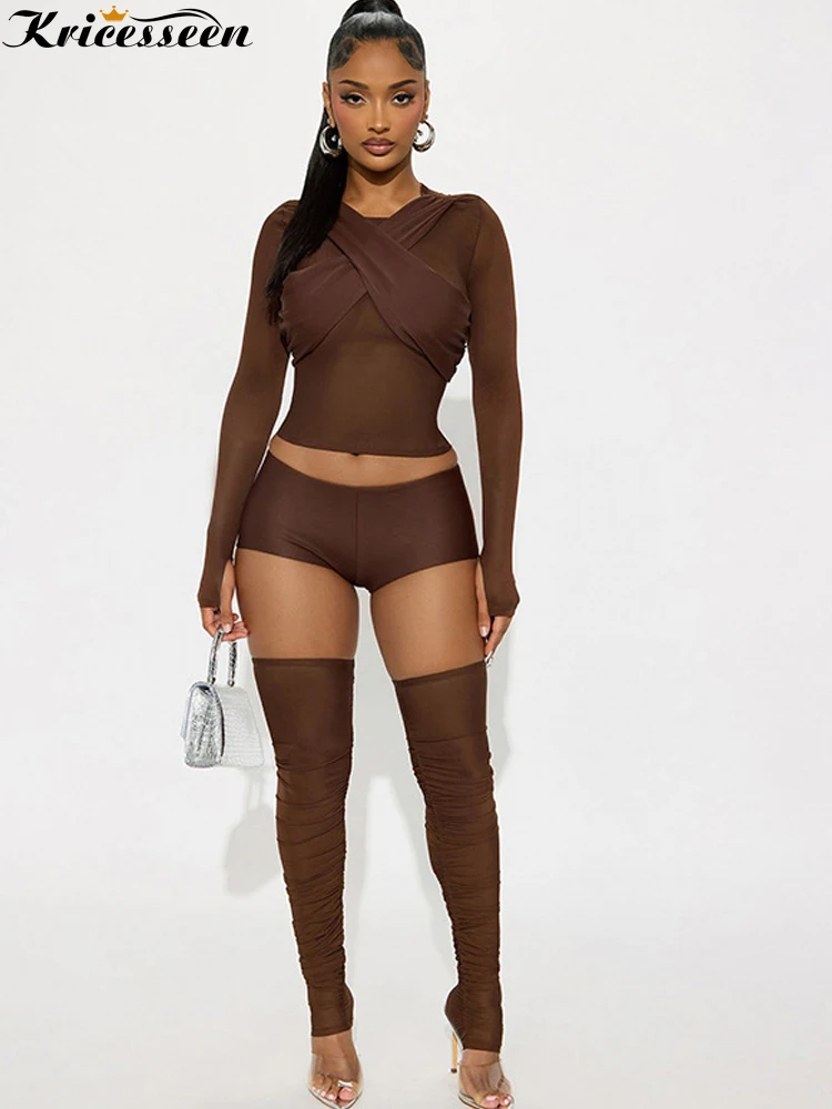 

Kricesseen Womens Sheer Mesh Tracksuits Set 4 Piece Outfits Fashion Ruched Mesh Co-Ord Set Night Club Wear Tight Clothing Set