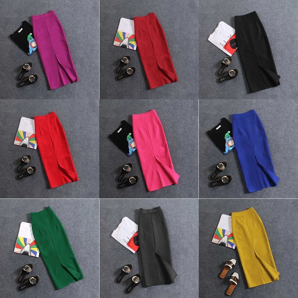 春夏の新スタイル弾性スリミングミッドレングスプロフェッショナルラップアラウンドハイウエストスリットロングスカート女性のファッション