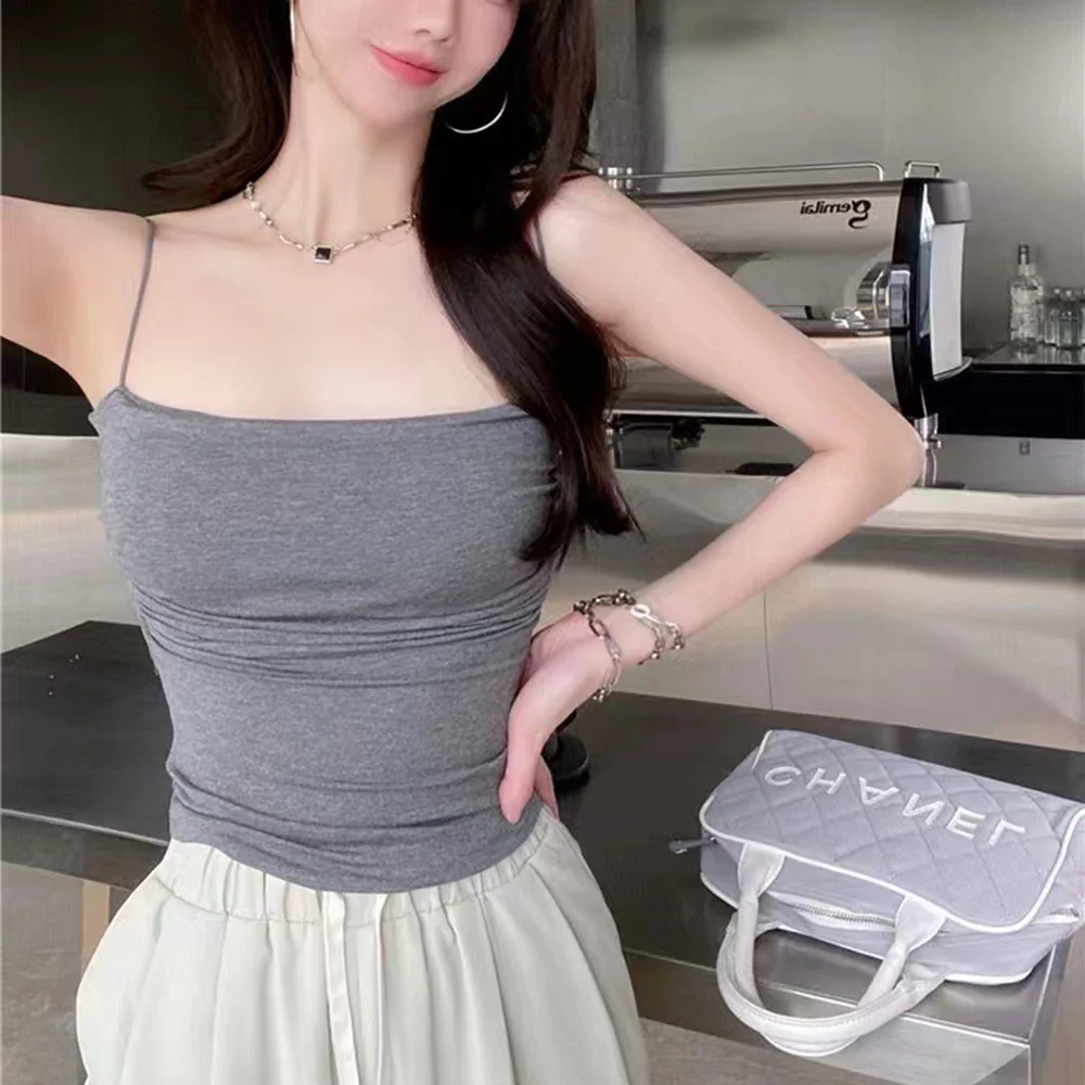 Tank Tops Women With Built In Bra Spaghetti Strap Tanks For Woman Solid Color Casual Summer Camis Female Korean Style