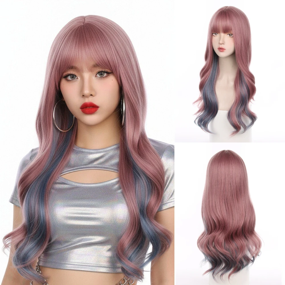 

Women Synthetic Heat Resistant Long Loose Wave Wig with Bangs Purple Ombre Pink Cosplay Party Daily Hair Wig
