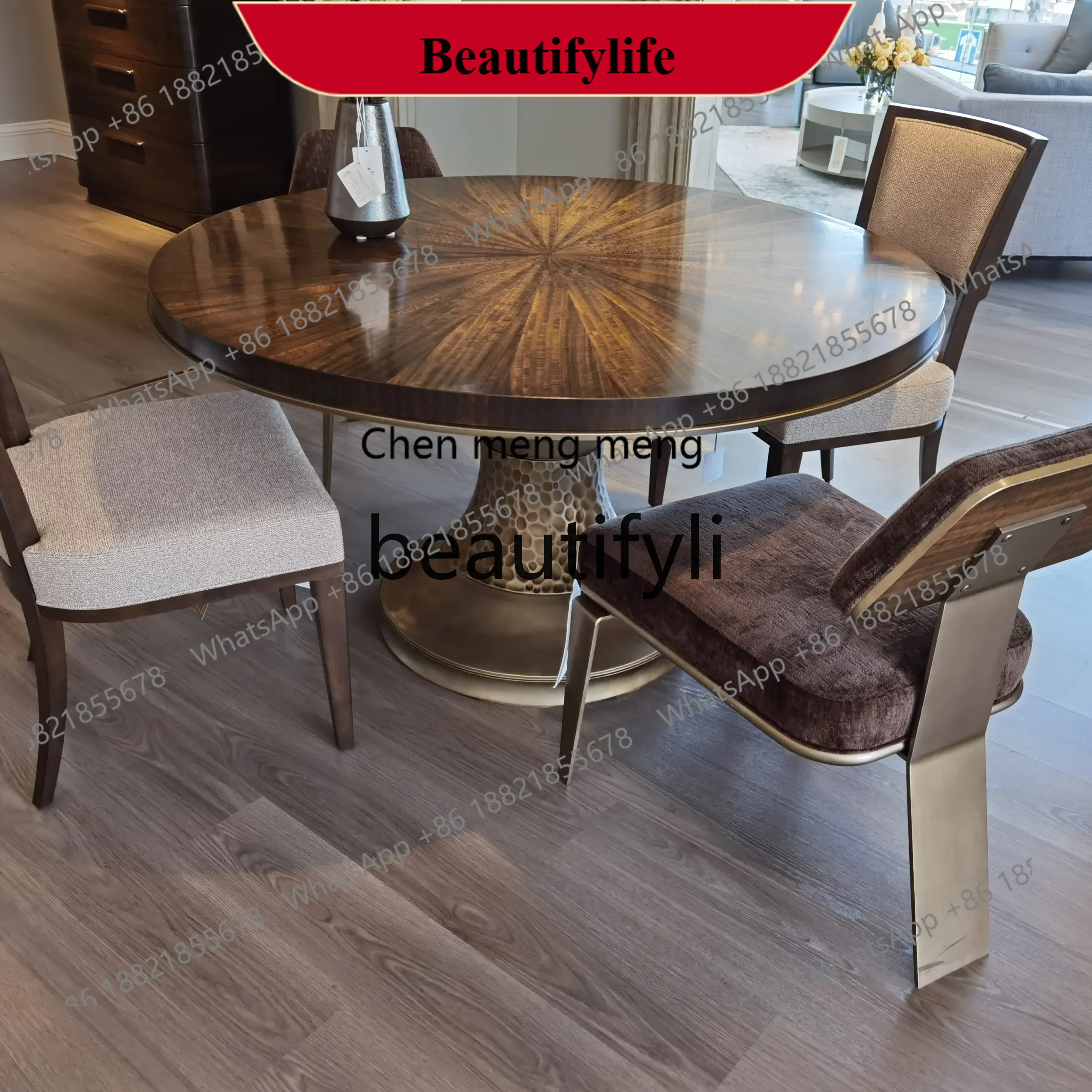 z183  American, sweet, round dining table, American light luxury solid wood dining table, metal leg solid wood parquet dining ta