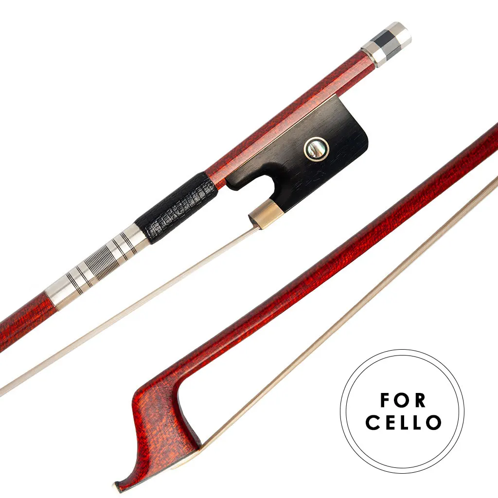 Advanced Top Pernambuco Carbon Fiber Round Stick Cello Bow 4/4 Size Silver Mounted Siberian Real Horsetail Horsehair